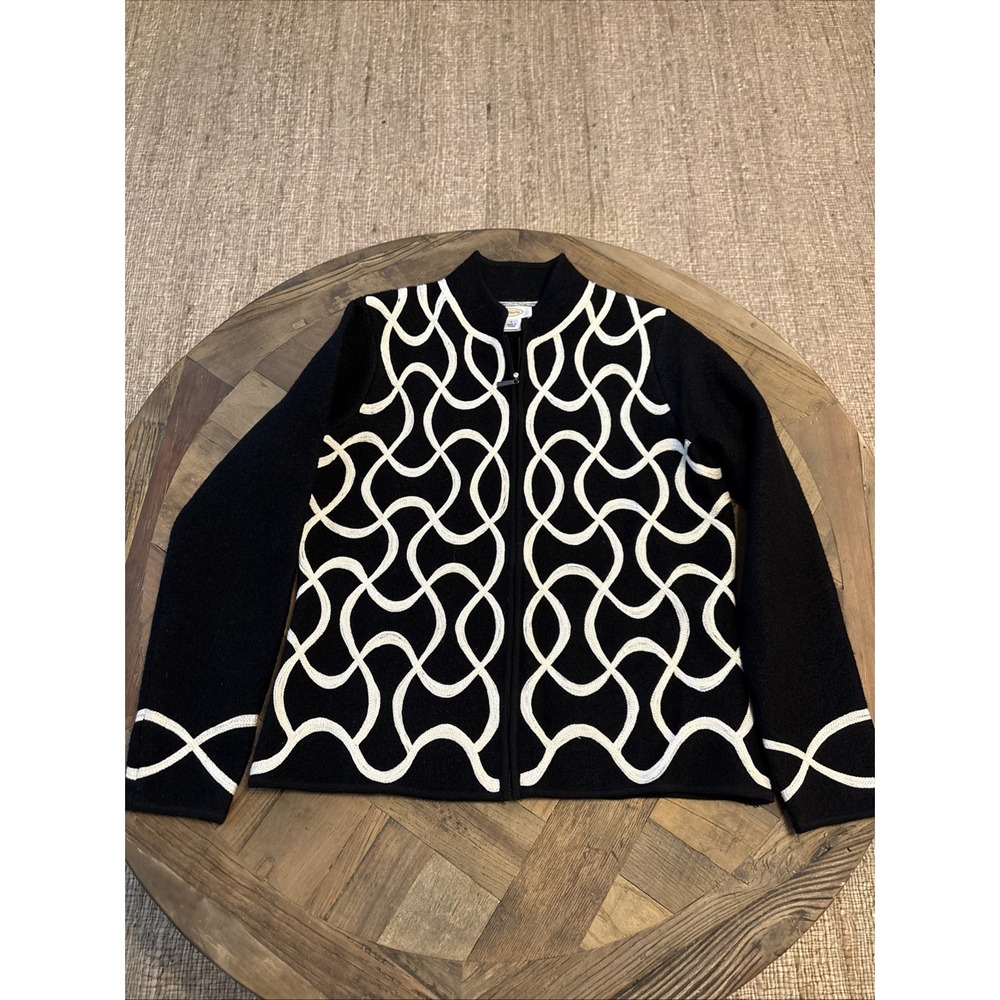 Talbots Full Zip Geometric Knit 100%  Wool Cardigan Sweater Black White L